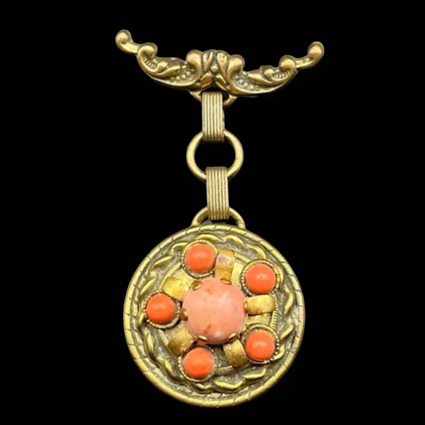Vintage Dangle Brooch Brass Tone Coral Colors Jewelry