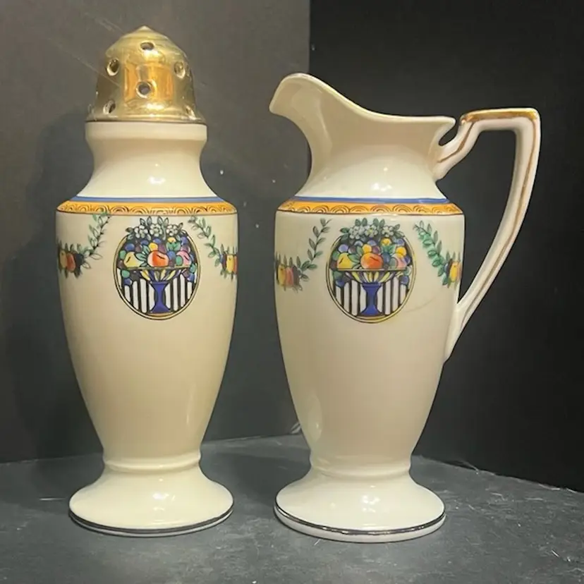 Noritake "M" 1930s Hand Painted Muffineer & Syrup Set Fruit Basket Gold Gilt, AS IS