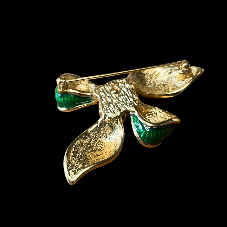 10. Vintage Pin Brooch Gold Toned Bow Design With Blue Green Enamel And Clear Rhinestones