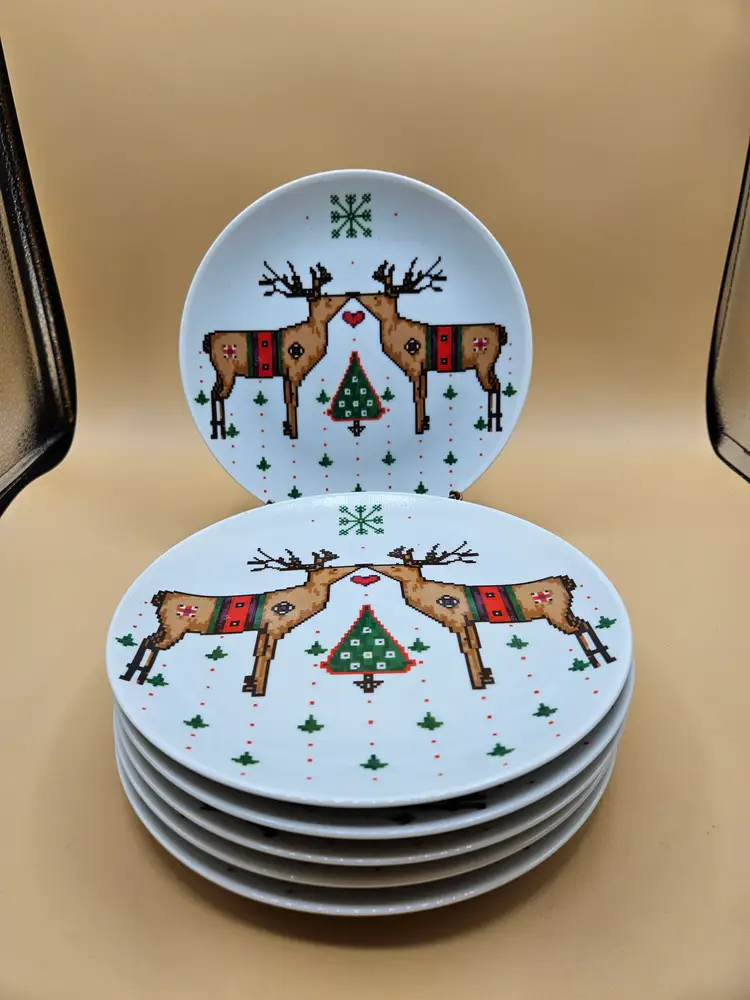 6 Toscany Vintage Deer Kissing CHRISTMAS 7.75" Plates By Bill Logan, Japan