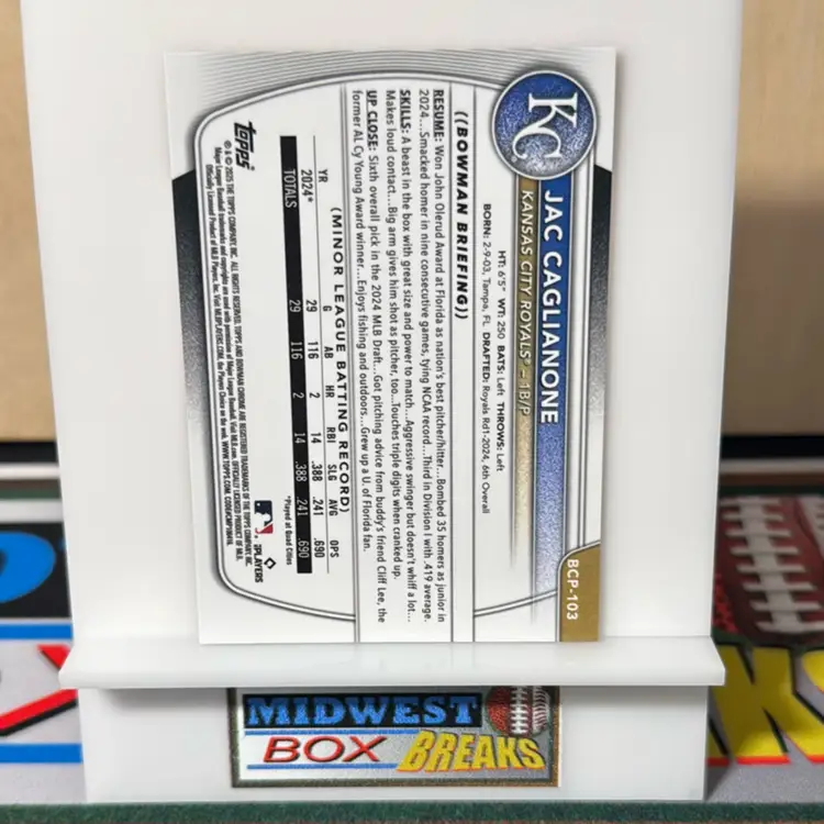 Jac Caglianone 134/199 Fuchsia Refractor 2025 Bowman Chrome Kansa City Royals