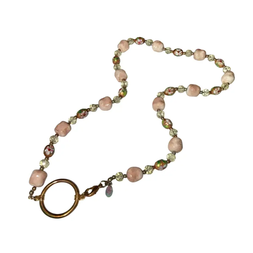 Vintage Cloisonné and Pink Stone Eye Glass Holder Necklace