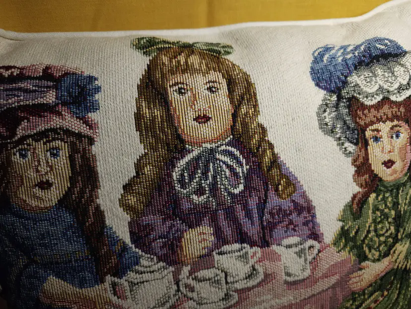 Dakota Victorian style doll tea party tapestry fabric throw pillow 13"X16"