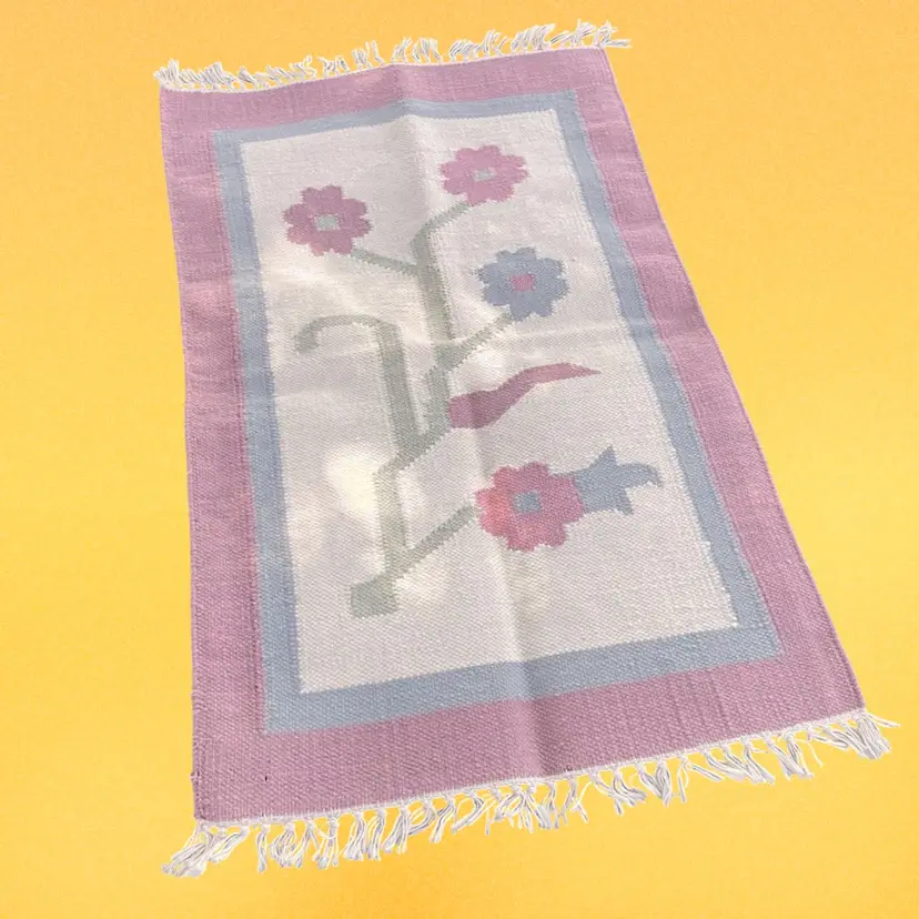 Vintage Handwoven Pink, Blue & Cream Floral Dhurrie Flatweave Fringe Wool Rug Pastel Colors 3'x2'