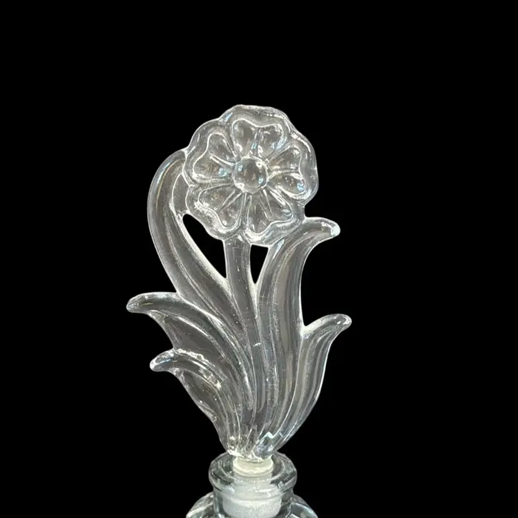 Perfume Bottle Clear Pressed Glass Cornucopia Design Bottle Flower Stopper  READ
8-1/4” T x 5” L x 2-1/2” W
