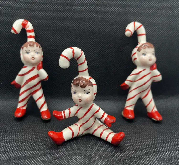 Vintage Hand Painted Candy Cane Pixies Kids Christmas Figurines 1950’s Kitsch Set of 3