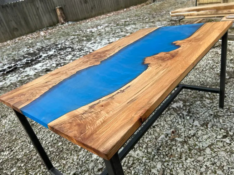 Blue Epoxy River Table – Big Leaf Maple Burl – Live Edge Desk or Accent Table – Satin Steel Base – 21.5” x 39.5” – Handmade in Indiana