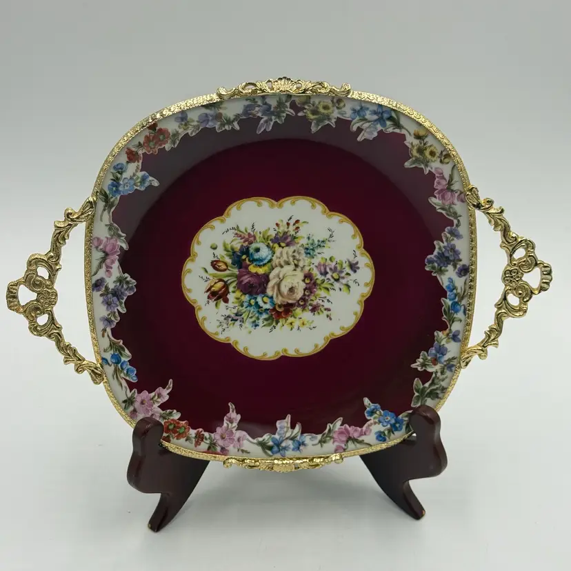 Limoges Alfa Decode Tipo 8” Porcelain Plate W/ Ornate Gilded Metal Ormolu Style Handle Frame