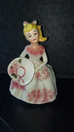 Lefton Planter 3138 Southern Belle Blonde Girl White Dress Hat Pink Flowers