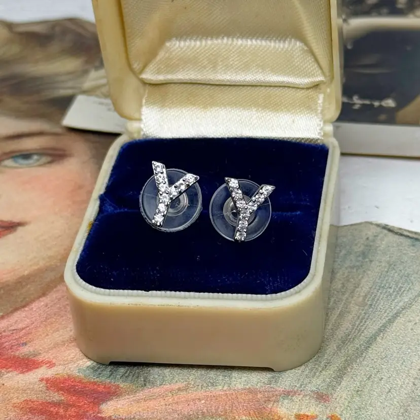 Sterling Silver White Sapphire “Y” Stud Earrings