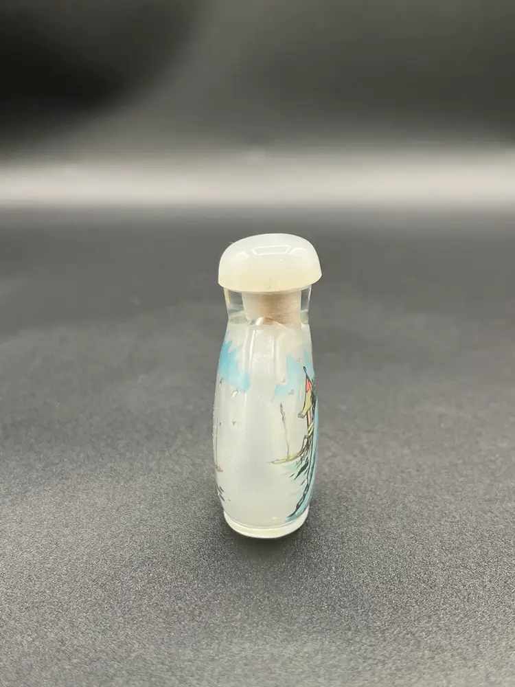 Vintage Small Round Chinese Reverse Painted Double Sided Different Seascape Snuff Jar With Spoon 2.5” 🌊