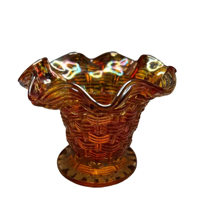 Vintage Dugan Carnival Glass Basket Weave Marigold Ruffled Dish 4 Inches Tall @5 1/2 Diameter