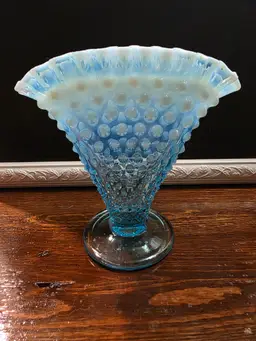 Fenton Sky Blue Hobnail Fan Vase With Opalescent Rim.