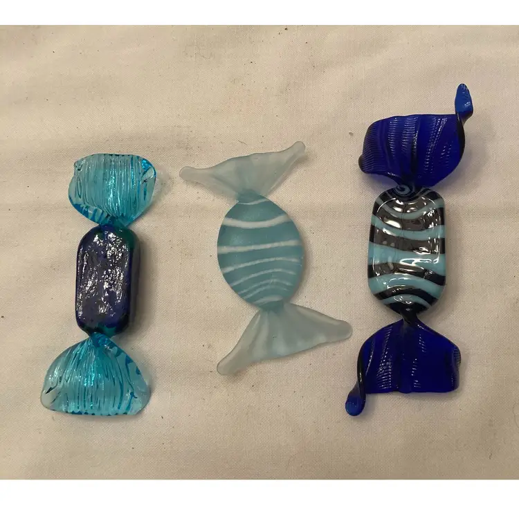 Three Pieces Of Blue Art Glass Candy