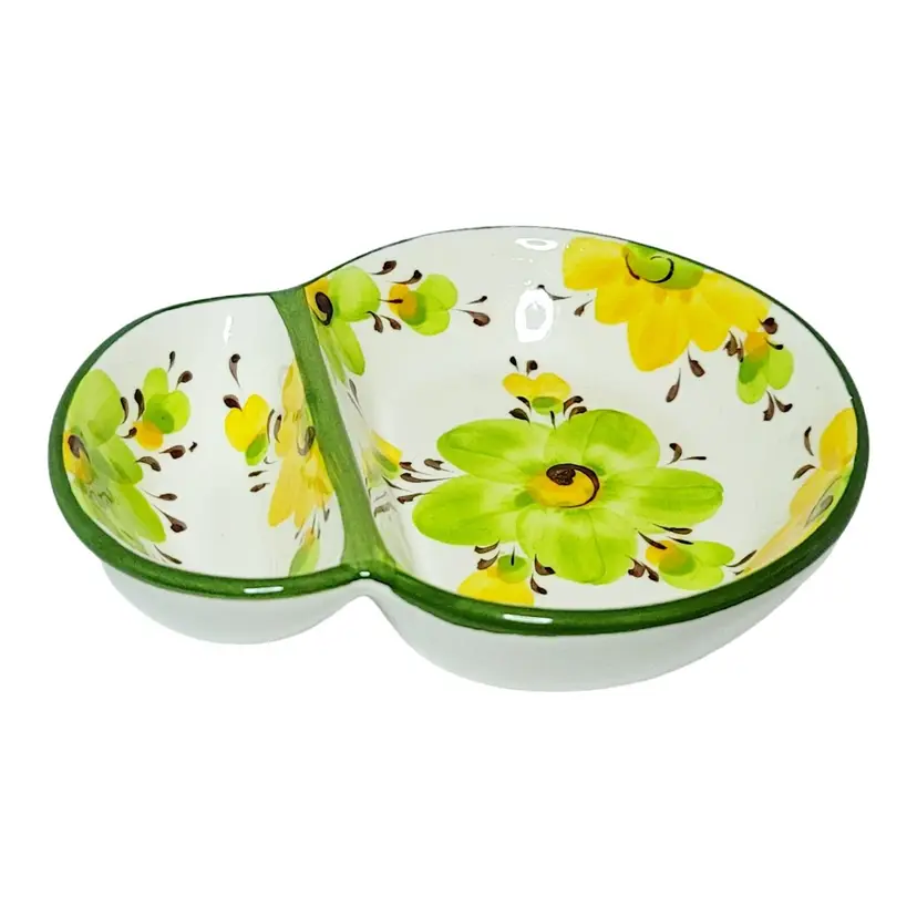 Hand Painted Pottery Olive Dish Portugal White With Yellow Green Flowers Signed