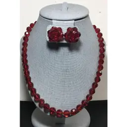 Mixed source, W. Germany & Coro red glass jewelry set vintage clasps, Christmas