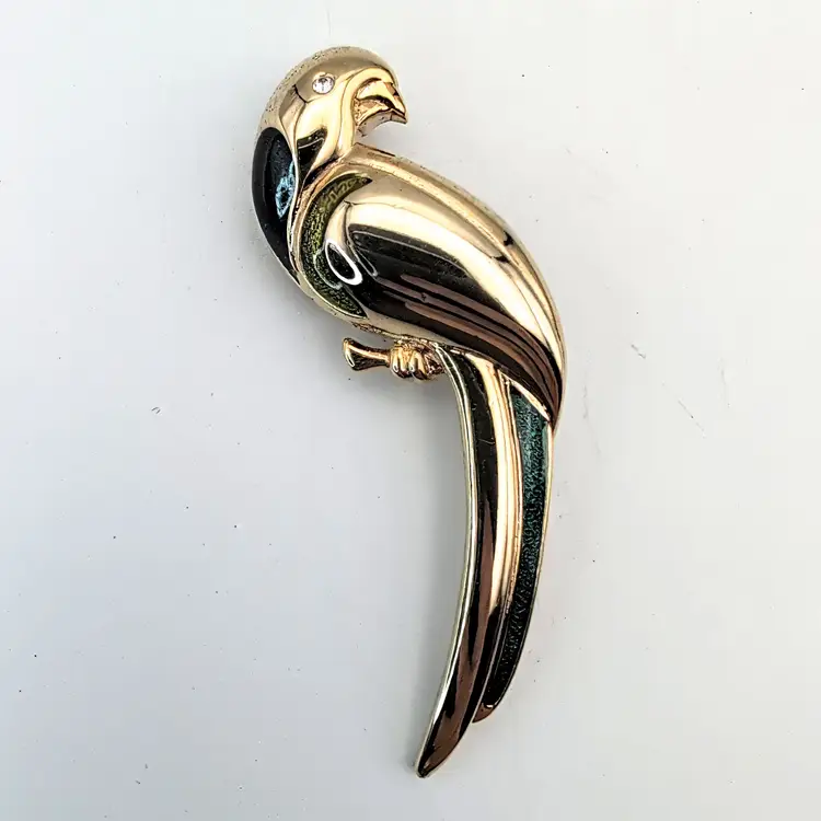 Liz Claiborne Signed LC Gold Tone Parrot Bird Teal Green Enamel Pin Brooch