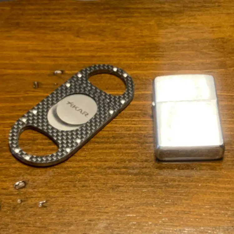 Vintage Solid Wood Cigar Box , Xikar Cutter and a 1984 Zippo Lighter Combo Set