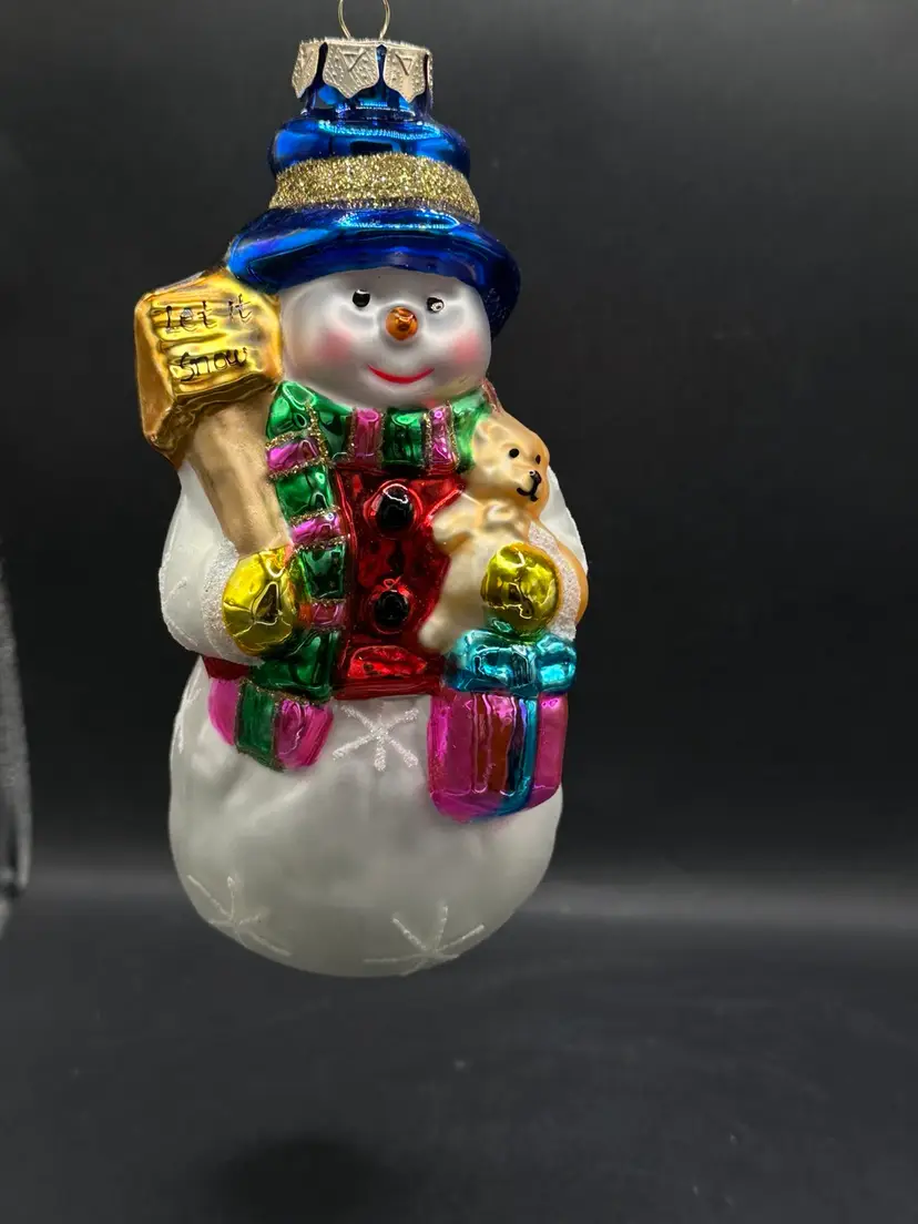 VINTAGE 6" GLASS SNOWMAN ORNAMENT BY CHRISTOPHER RADKO “LET IT SNOW “ Ex Cond