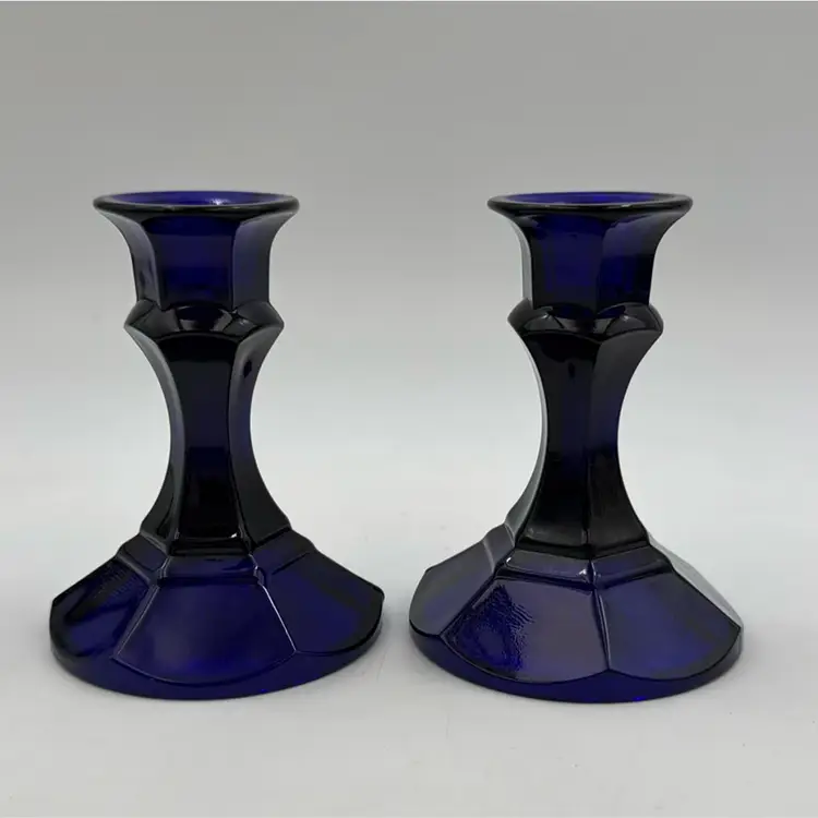 Pair Of Cobalt Blue Glass Candlestick Holders