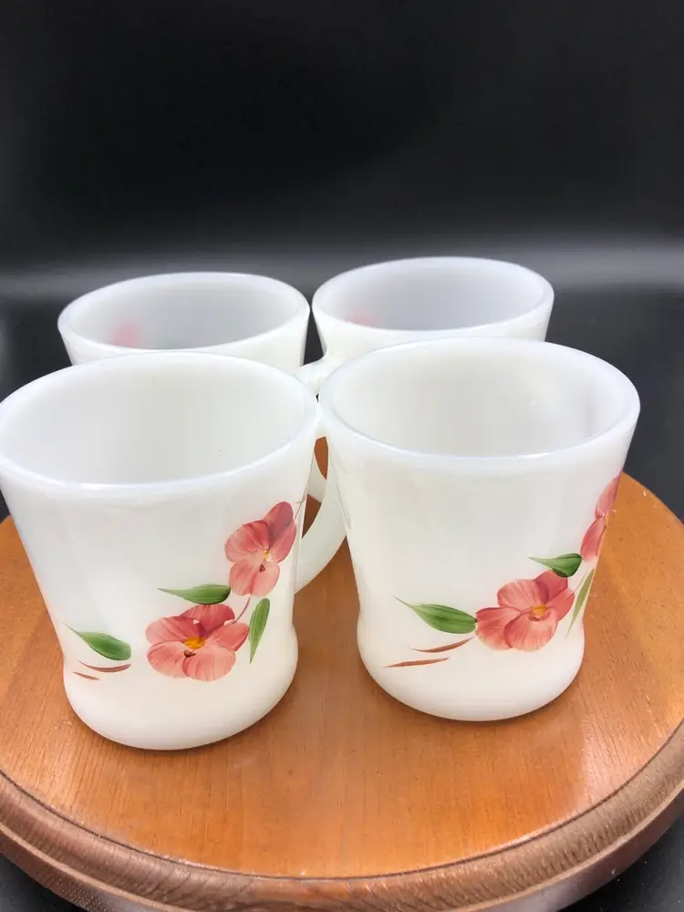 Four Fire King Dogwood Milk Glass Coffee Cupid D Handle