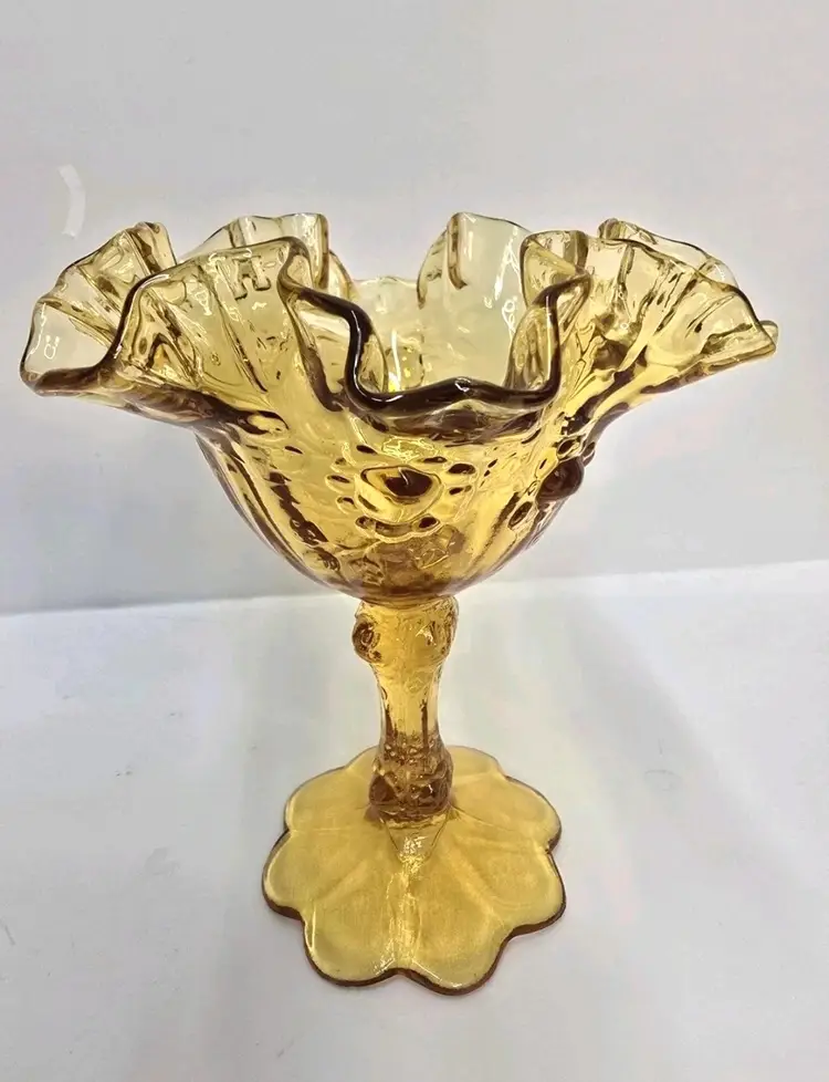 Vintage Fenton Amber Cabbage Rose Ruffled Glass Compote Pedestal Candy Dish Vase