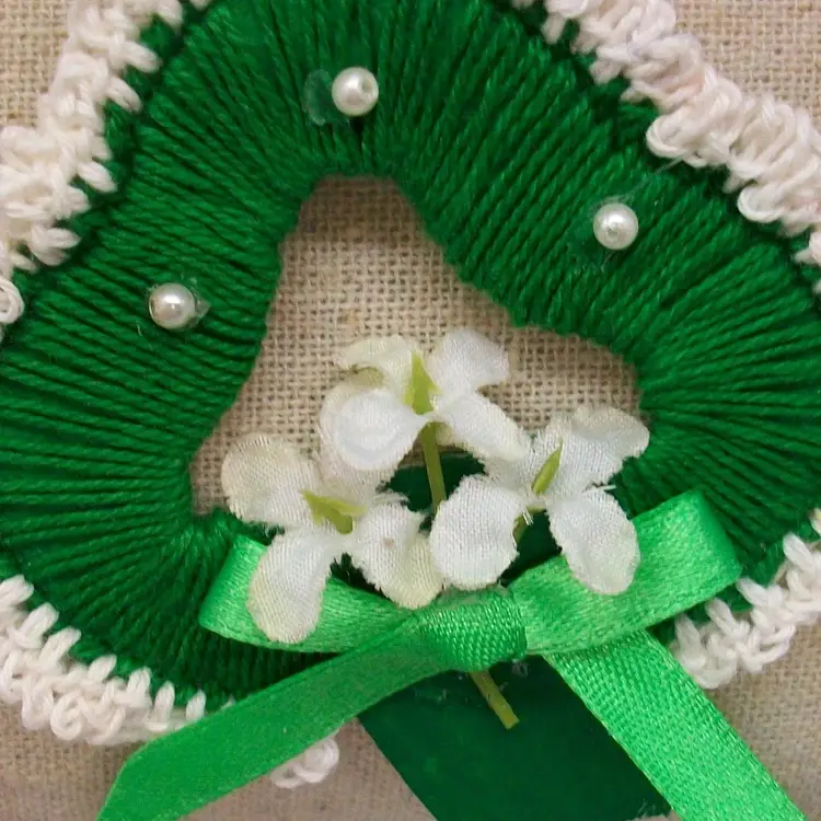 Handmade Crochet Green Shamrock St Paddy's Day Lapel Pin White Silk Flowers Accent 3" x 2.75"