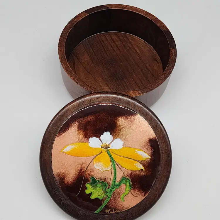 Vintage Wooden Trinket Box Enamel on Copper Lid Floral Design Signed Rabianim