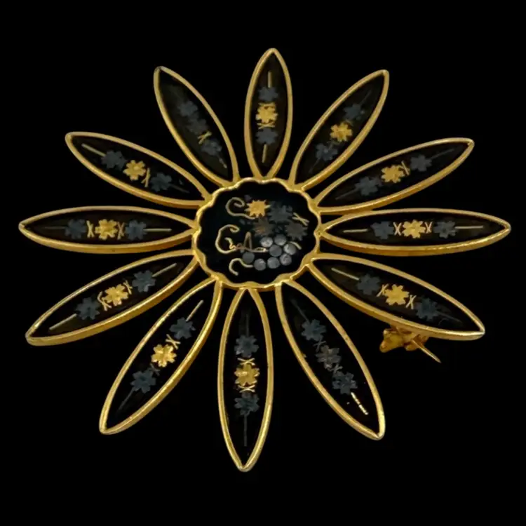 Flower Daisy Gold Tone Japanese Damascene "Shakudo" Brooch  2"