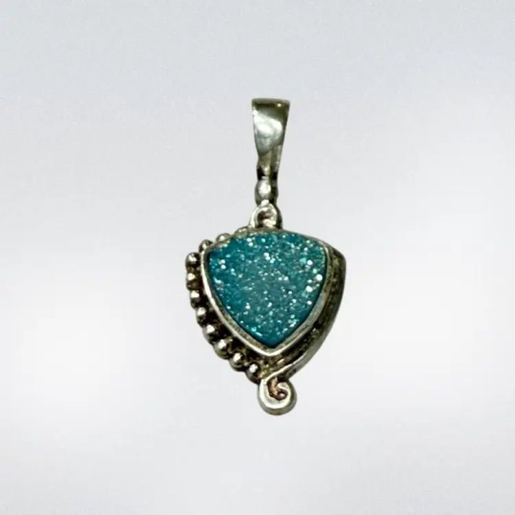 Designer Sajen Sterling Silver Blue Druzy Quartz Pendant 1.17”,  2.5g