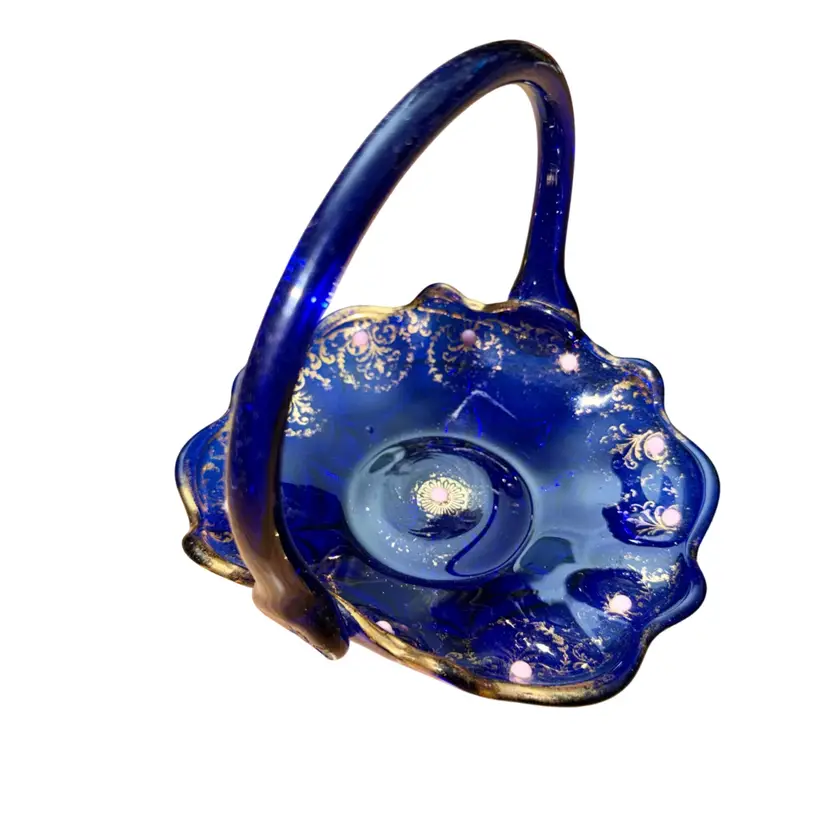Antique Cobalt Blue and Gold Gilded Ornate Decorated with Glass Beads Basket
