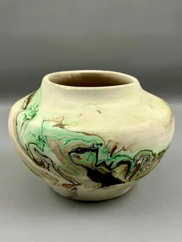 Vintage Nemadji Pottery Vase Bowl Swirl Glaze Cream Green Brown Southwestern 4"