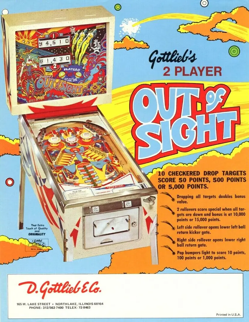 Out Of Sight Pinball Flyer Original NOS 1974 Groovy Mod Artwork Sheet Retro