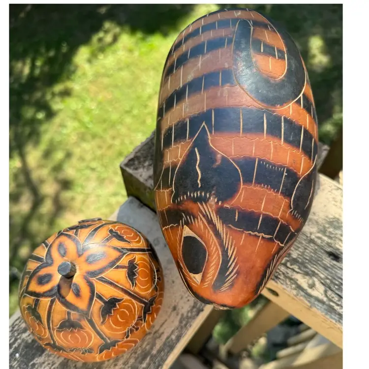 Vintage Peruvian Carved Gourd Set