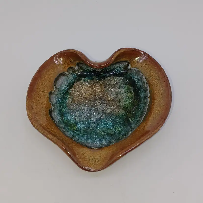 Art Pottery Heart Shape Ceramic Small Dish 3.5" W Crushed Glass Bottom USA