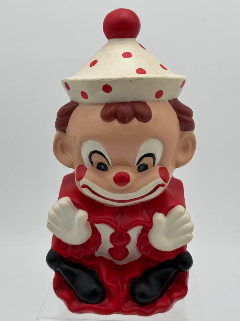 1980s Vintage Ceramic Clown Money Bank Happy Clown Red White Polka Dot