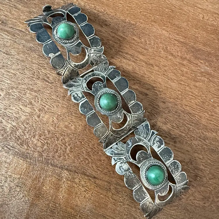 Old Malachite And Sterling Silver 3 Panel Hinged Bracelet 7.75”