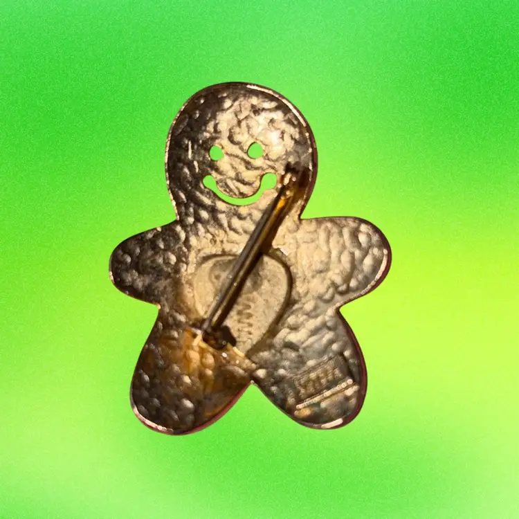 Gingerbread Man Goldtone Brooch Signed 1980s