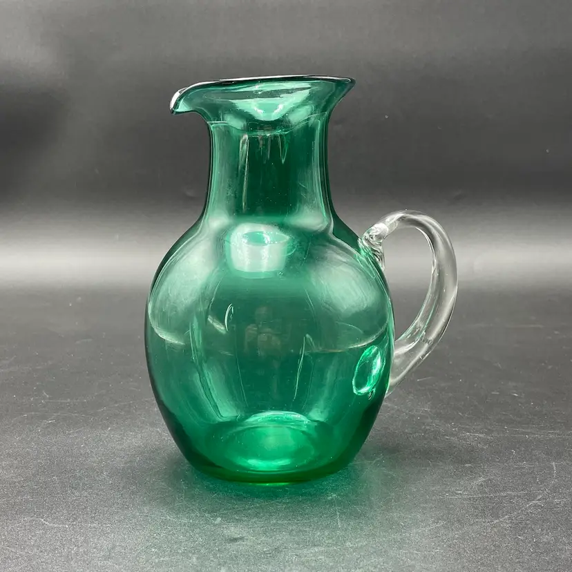 Art Glass Green Pitcher Clear Glass Applied Handle Vintage Kitchen