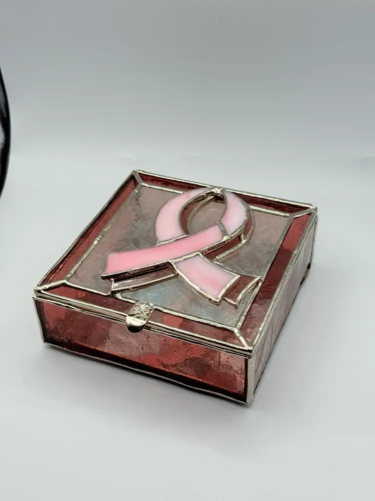 Pink Ribbon Stained Glass Jewelry Box Tie Jet Box Mirror Inside Breast Cancer Awareness Month 5x1 1/2"