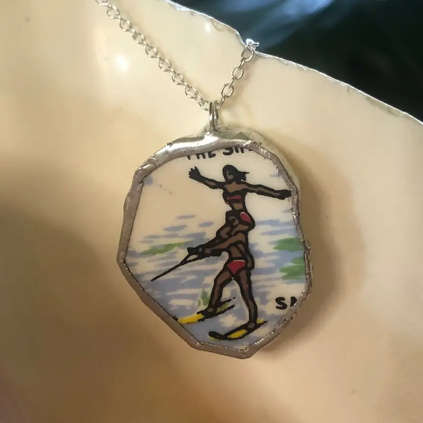 Oodelally Shop Broken Pottery Artisan Made Water-Ski Pendant Florida Collectors Plate Handcrafted Necklace 1in x 1.25in