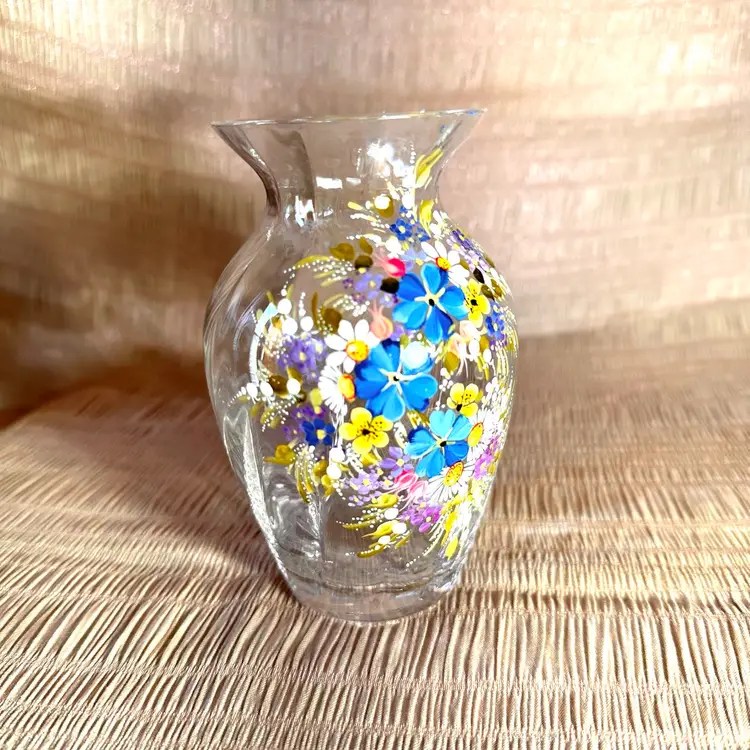 Vintage Hand Painted Clear Glass Signed 6” So Pretty