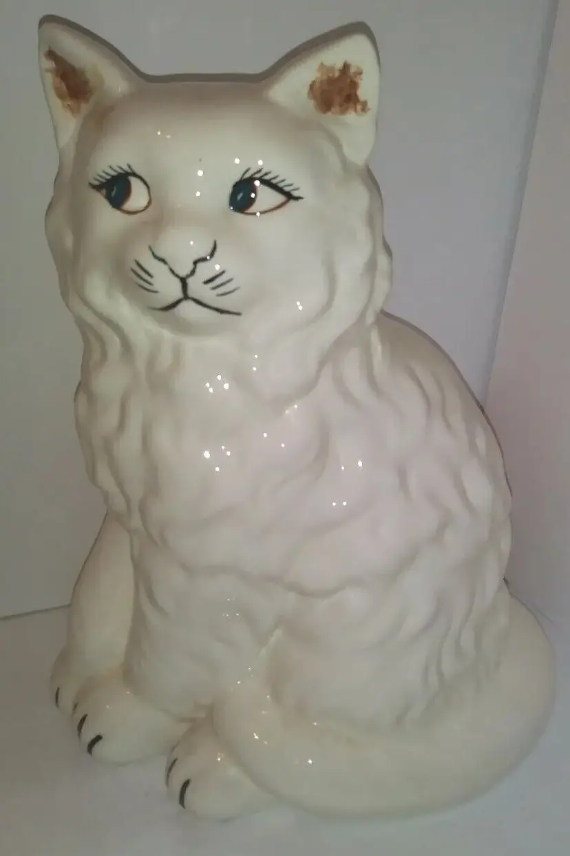 Vintage Ceramic Cat Figure Persian 12 Inches Tall Blue Eyes