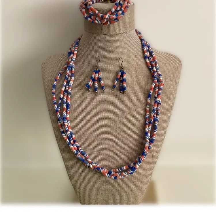 Vintage 3 Piece Carved Shell Beaded Jewelry Set Necklace Bracet + Earrings