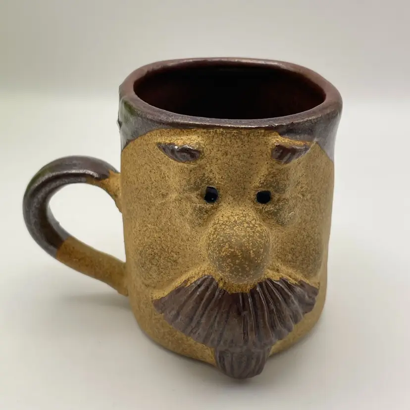 Stoneware Pottery Face Small Mug, Golden Color with Brown Glaze. FUN & Kitschy!