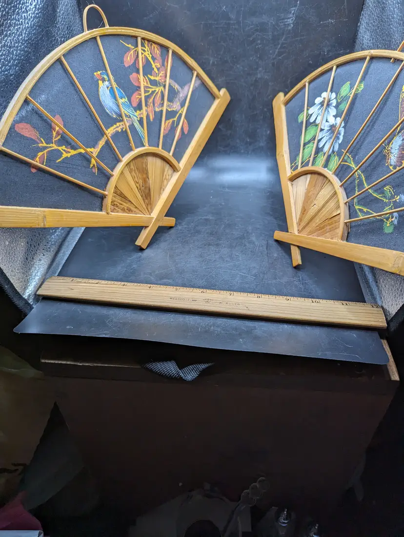 Vintage Set of 2 Oriental Hand Painted Cloth Bamboo Wall Art Decor Fans