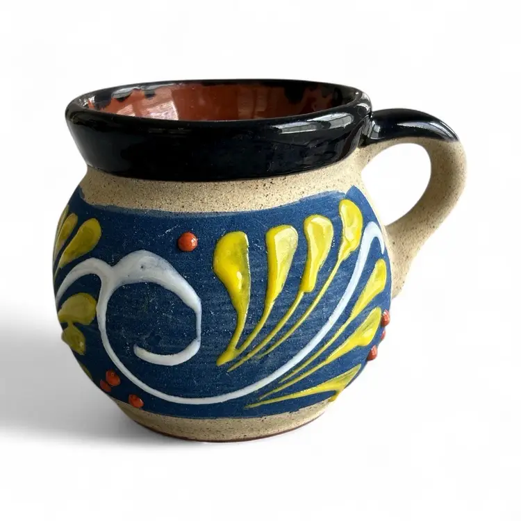 Mexico Clay Pottery Mug With Decorative Hand Painted Swirls