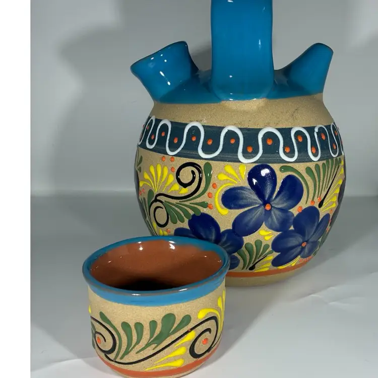 Mexican Clay Pottery Water Jug Decanter with Cup Garrafon De Barro Con Vaso