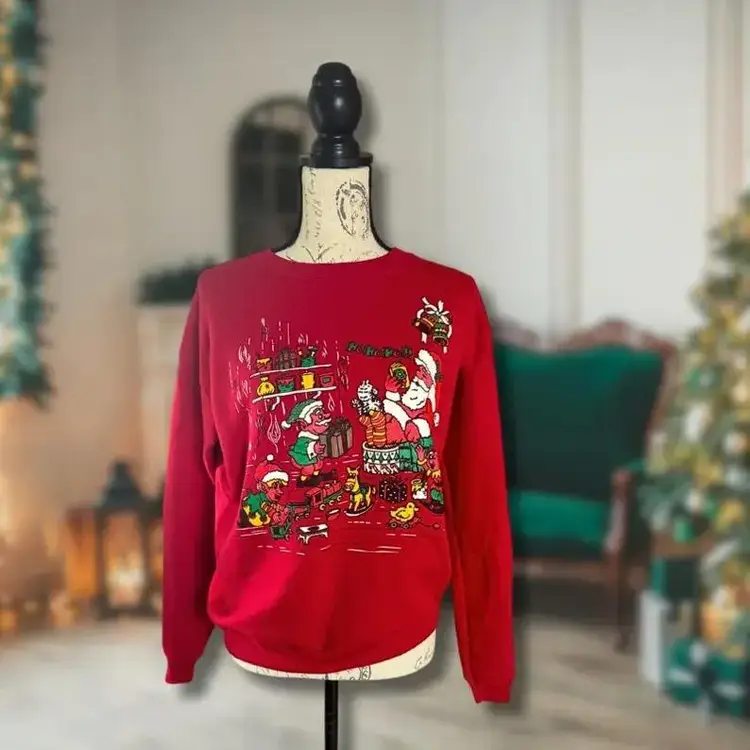Vintage 90s Pullover Christmas Sweatshirt Sweater Hanes Her Way Santa Elf Cat Medium Grandmacore