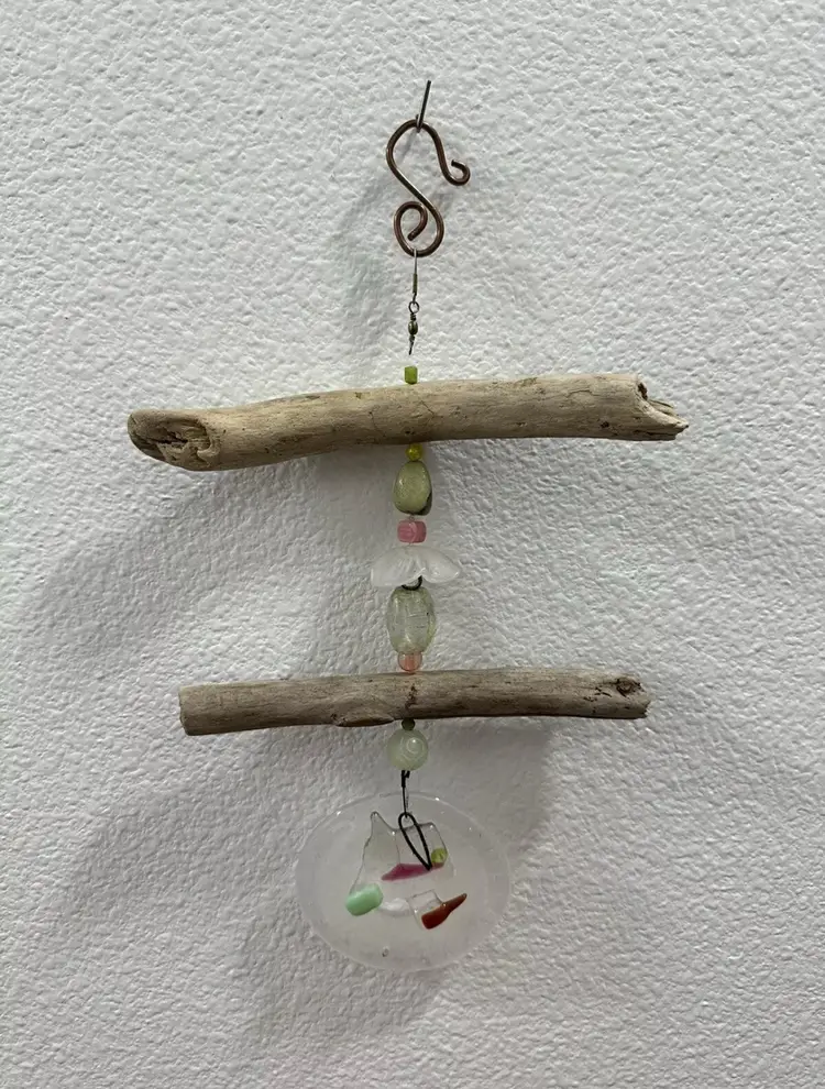 SALE Susan O’Malley Fused Glass Beaded Driftwood Windchime Sun Catcher Decor